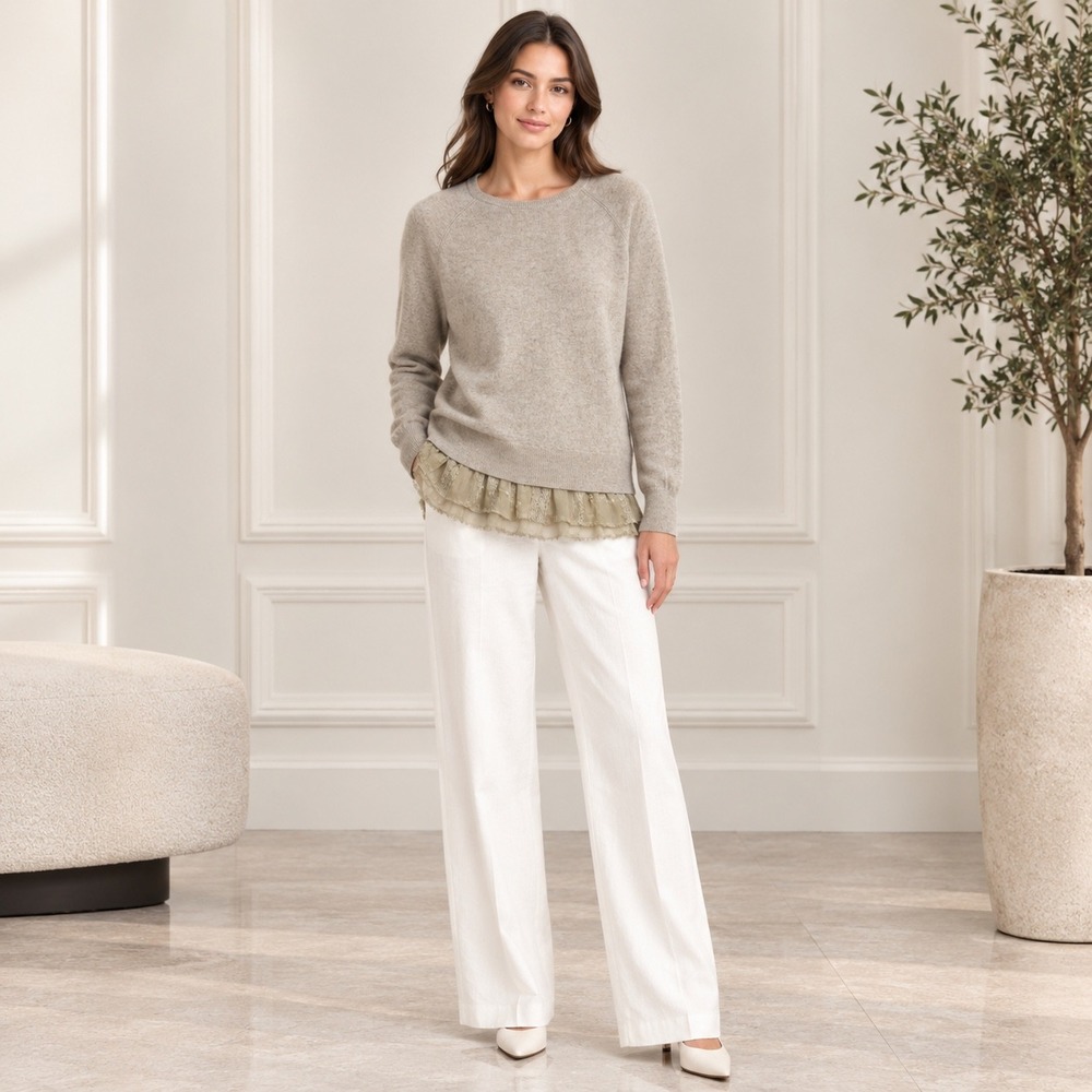 Garnet Hill Cashmere Sweater Lace Hem Tan Cottagecore Small